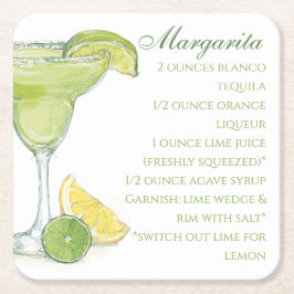 Posavasos Cuadrado De Papel Acuarela Margarita Cocktail Receta Acuarela