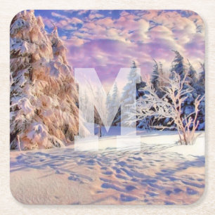 Posavasos Cuadrado De Papel Acuarela moderna de árboles nevados de colores