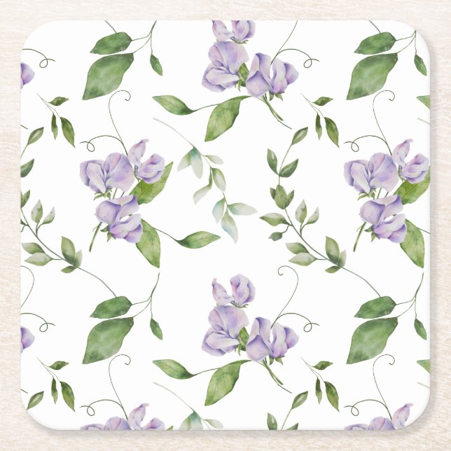 Posavasos Cuadrado De Papel Acuarela Morado Dulce Flores de Pea (Anverso)