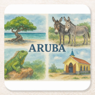 Posavasos Cuadrado De Papel Acuarela multivista de Aruba