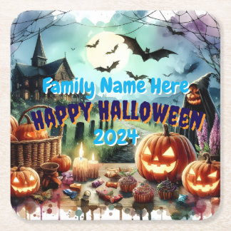 Posavasos Cuadrado De Papel Acuarela nocturna de Eerie Halloween