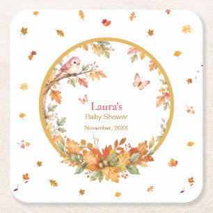Posavasos Cuadrado De Papel Acuarela Otoño Bosque Pájaro y Hojas de Otoño