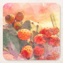 Posavasos Cuadrado De Papel Acuarela Pear Pear Cactus Frutos Cielo Rojo