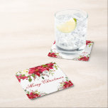 Posavasos Cuadrado De Papel Acuarela Poinsettia Floral Feliz Navidad<br><div class="desc">Elegante acuarela Poinsettia Floral Merry navidad Red Script Coasters</div>