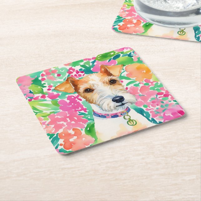 Posavasos Cuadrado De Papel Acuarela Preppy Palm Beach Fox Terrier Dog (En perspectiva)