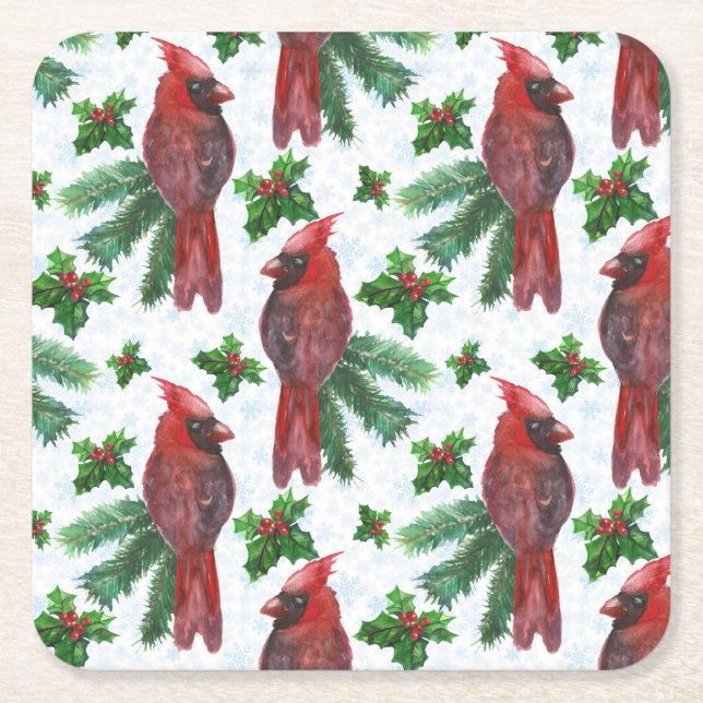 Posavasos Cuadrado De Papel acuarela Red Cardinal Bird (Anverso)