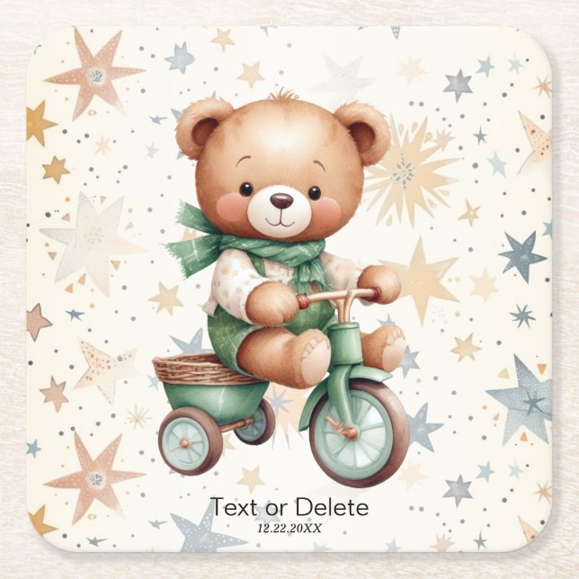 Posavasos Cuadrado De Papel Acuarela Teddy Bear Stars Green Bike Fiesta (Anverso)