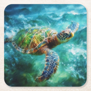Posavasos Cuadrado De Papel Acuarela Tortuga de mar Natación