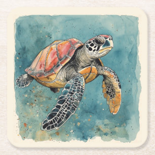 Posavasos Cuadrado De Papel Acuarela Tortuga Marina