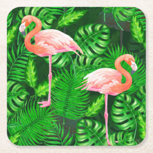 Posavasos Cuadrado De Papel acuarela tropical flamenca