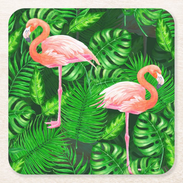 Posavasos Cuadrado De Papel acuarela tropical flamenca (Anverso)