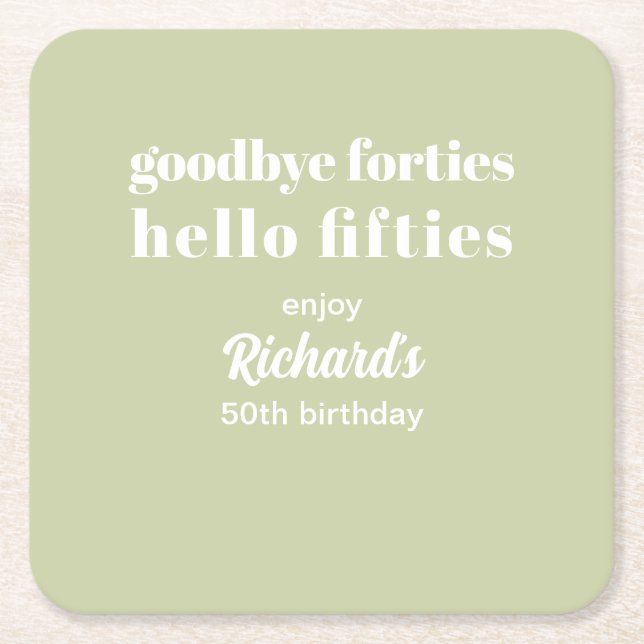 Posavasos Cuadrado De Papel Adiós 40 Hola 50 cumpleaños (Anverso)