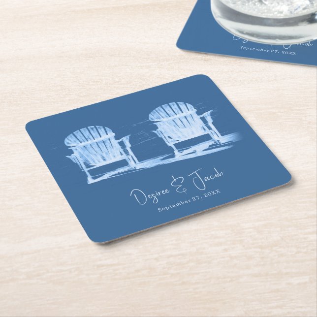 Posavasos Cuadrado De Papel Adirondack Beach Chairs Azure Blue White Boda (En perspectiva)