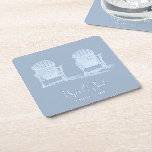 Posavasos Cuadrado De Papel Adirondack Beach Chairs Dusty Blue White Boda (En perspectiva)