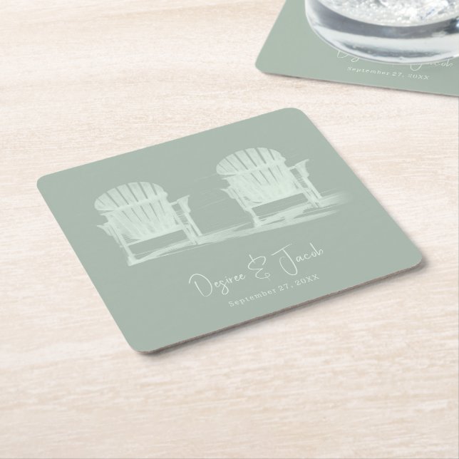 Posavasos Cuadrado De Papel Adirondack Beach Chairs Sage Green Boda (En perspectiva)