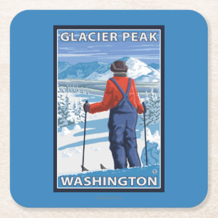 Posavasos Cuadrado De Papel Admiración del esquiador - pico del glaciar,