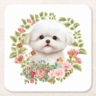 Posavasos Cuadrado De Papel Adorable cachorro maltés en flor, amante de los pe