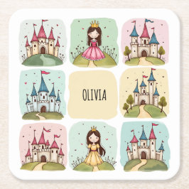 Posavasos Cuadrado De Papel Adorable castillo de cuentos de hadas y Doodles Pr