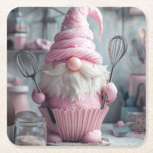 Posavasos Cuadrado De Papel Adorable Gnome De Hormigón Rosa