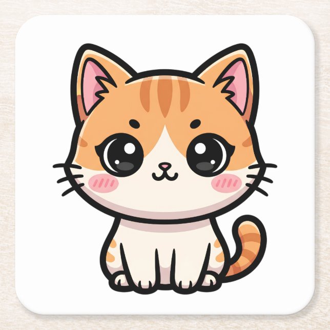 Posavasos Cuadrado De Papel Adorable Kawaii Ginger Cat Illustration (Anverso)