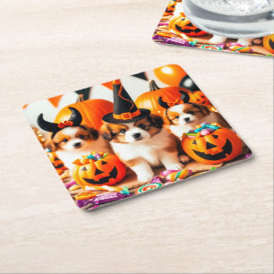 Posavasos Cuadrado De Papel Adorable puppies halloween
