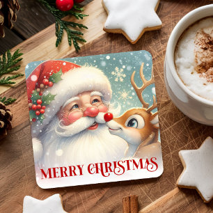 Posavasos Cuadrado De Papel Adorable Santa y Rudolph Christmas Paper Coaster