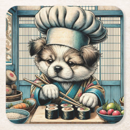 Posavasos Cuadrado De Papel Adorable Sushi Chef Puppy