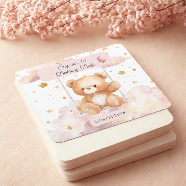 Posavasos Cuadrado De Papel Adorable Teddy Bear Birthday – Custom Coaster (Subido por el creador)