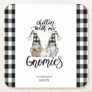 Posavasos Cuadrado De Papel Adorables gnomos lindos de cuadros de búfalo negro
