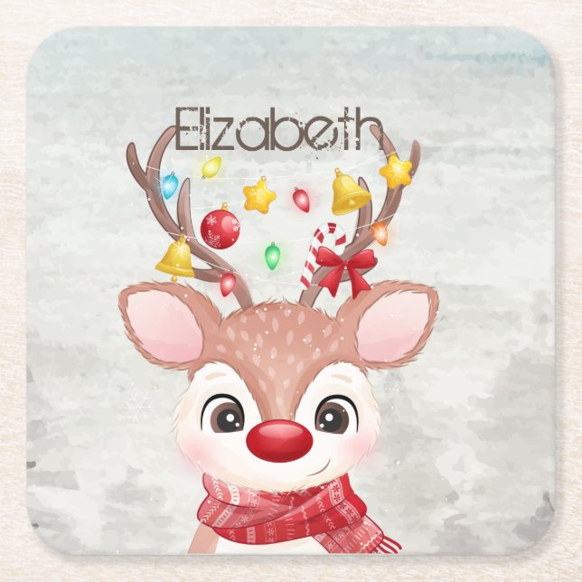 Posavasos Cuadrado De Papel Adorables renos de Navidad  (Anverso)