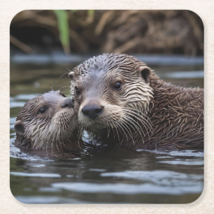 Posavasos Cuadrado De Papel **"Adrift in Love: Mummy and Baby Otter"**