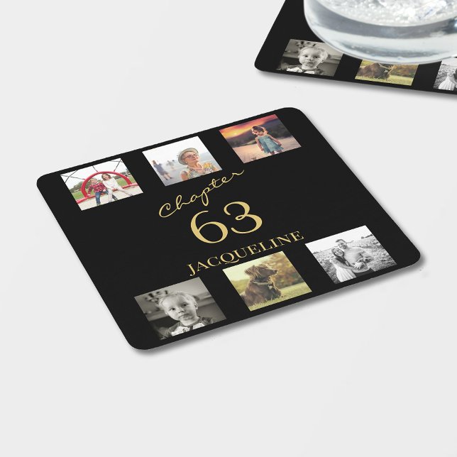 Posavasos Cuadrado De Papel Adultos 6 Foto Cumpleaños de Oro Negro (Black and gold birthday coaster with "Chapter" (insert age), name and six photos.)