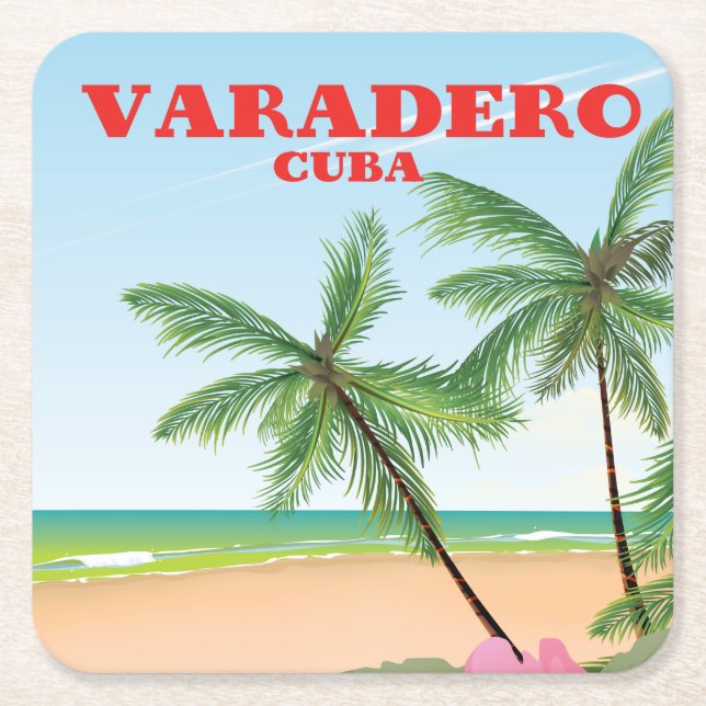 Posavasos Cuadrado De Papel Afiche de viaje de la playa cubana de Varadero (Anverso)