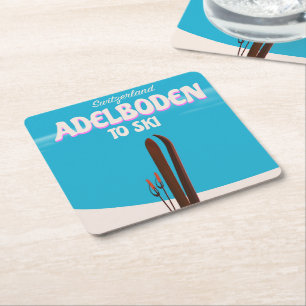 Posavasos Cuadrado De Papel Afiche de viaje para esquiar en Adelboden Suiza