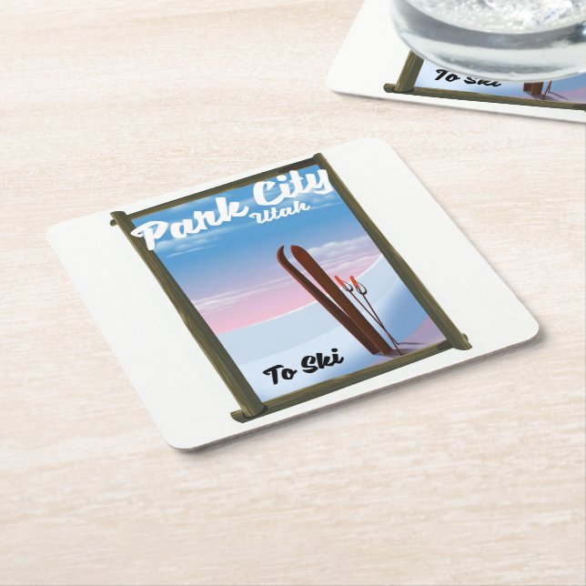 Posavasos Cuadrado De Papel Afiche de viaje para esquiar en la ciudad de Utah (En perspectiva)
