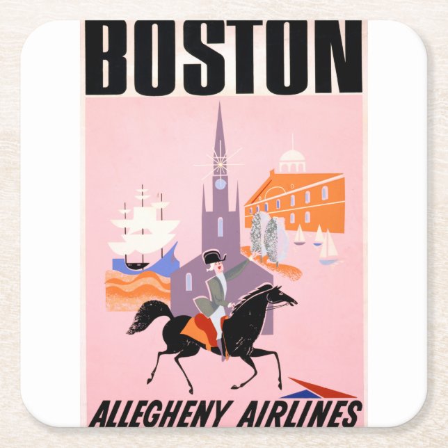 Posavasos Cuadrado De Papel Afiche De Viajes De Allegheny Airlines A Boston (Anverso)