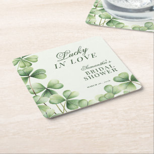 Posavasos Cuadrado De Papel Afortunada en el Amor Bridal Shower Verde Trébol d