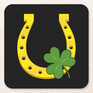Posavasos Cuadrado De Papel Afortunado Horseheno de Oro con Shamrock en negro