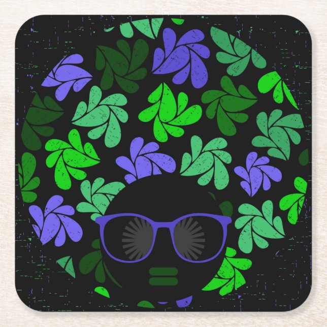 Posavasos Cuadrado De Papel Afro Diva Verde y Azul (Anverso)