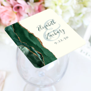 Posavasos Cuadrado De Papel Agata Verde Esmeralda Marfil Oro Bodas Escritura