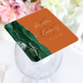 Posavasos Cuadrado De Papel Agata Verde Esmeralda Oro Naranja Quemada Boda