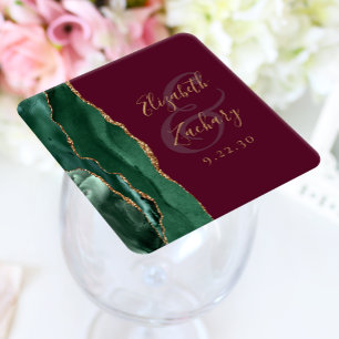 Posavasos Cuadrado De Papel Agata Verde Esmeralda Oro Script Burgundy Boda