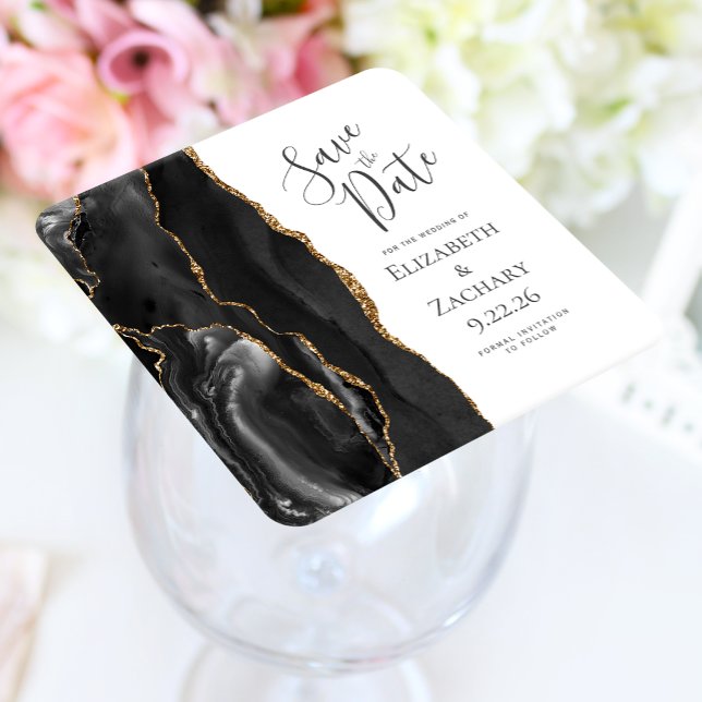 Posavasos Cuadrado De Papel Agate Geode Black Gold Save the Date (Subido por el creador)