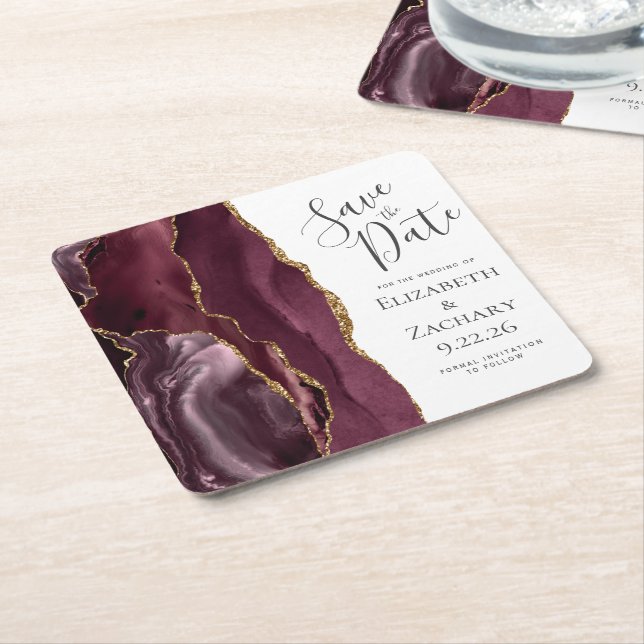 Posavasos Cuadrado De Papel Agate Geode Burgundy Gold Save the Date (En perspectiva)