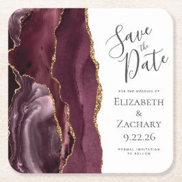 Posavasos Cuadrado De Papel Agate Geode Burgundy Gold Save the Date