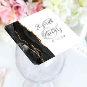 Posavasos Cuadrado De Papel Agate Geode Script Black Gold Boda