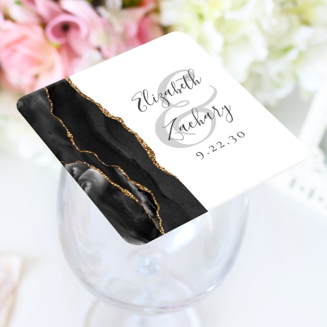 Posavasos Cuadrado De Papel Agate Geode Script Black Gold Boda (Subido por el creador)