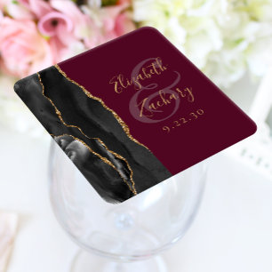 Posavasos Cuadrado De Papel Agate Geode Script Black Gold Burgundy Boda