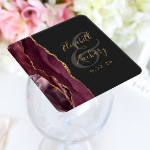 Posavasos Cuadrado De Papel Agate Geode Script Burgundy Gold Dark Boda