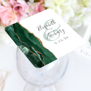 Posavasos Cuadrado De Papel Agate Geode Script Emerald Green Gold Boda